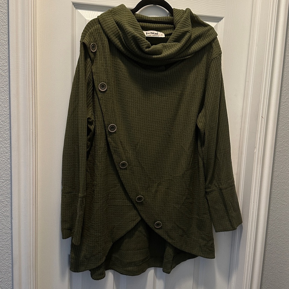 The Nest Cozy Button Up Oversized- Turtle Neck Sweater Top - Olive-Women’s-Large